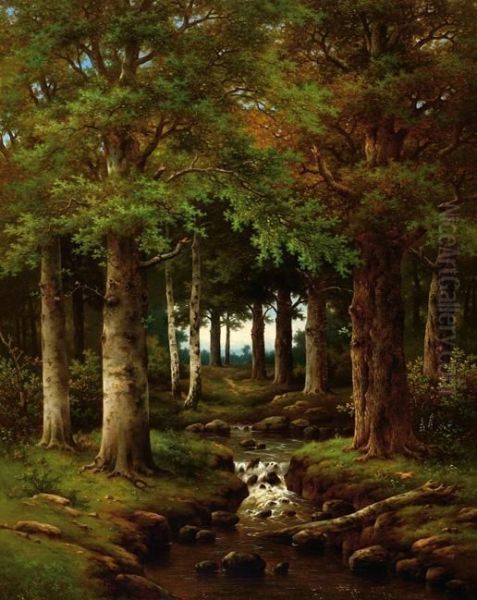 View On A Small River In The Woods Oil Painting by Hendrik Pieter Koekkoek