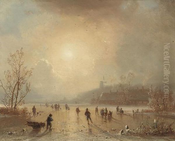 Skaters On A Lake At Dusk Oil Painting by Hendrik Pieter Koekkoek