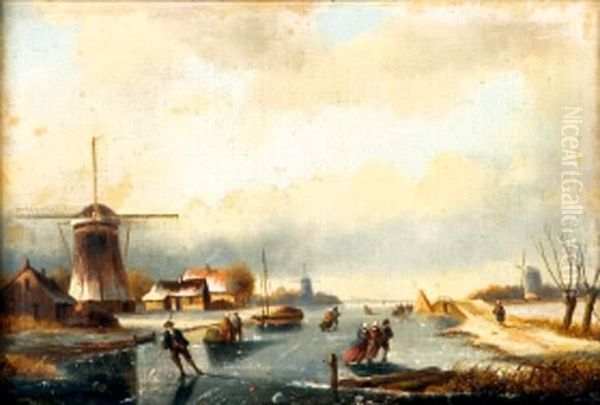 Scene De Patinage Oil Painting by Hendrik Pieter Koekkoek