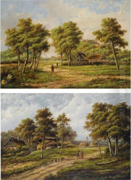 Peasants Near A Farm Stead; Travellers In A Summer Landscape (a Pair) Oil Painting by Hendrik Pieter Koekkoek