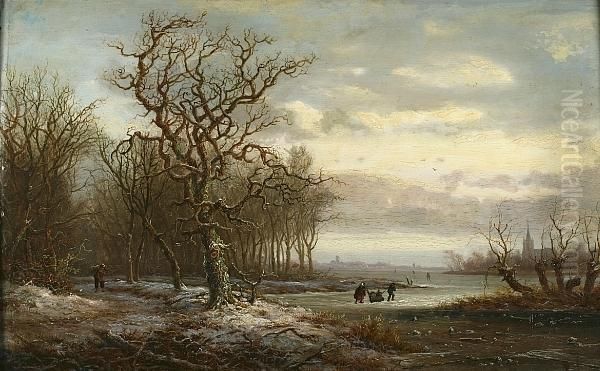 Skating On A River Oil Painting by Hendrik Pieter Koekkoek