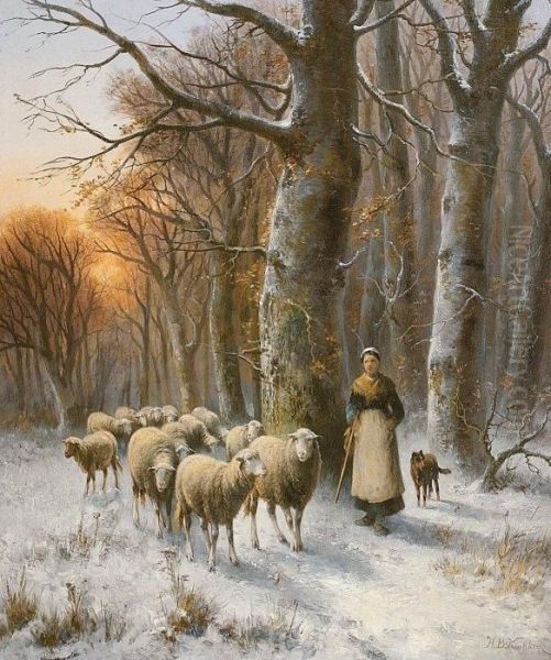 A Shepherdess With Her Flock And A Dog Oil Painting by Hendrik Pieter Koekkoek