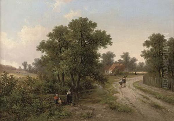 Anglers By A Stream Oil Painting by Hendrik Pieter Koekkoek