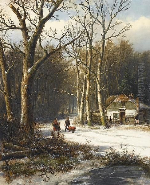 A Woodland In Winter Oil Painting by Hendrik Pieter Koekkoek