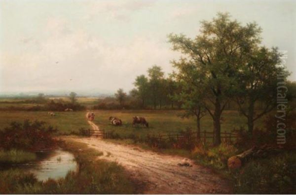 Landscape With Cows And A Watering Pool Oil Painting by Hendrik Pieter Koekkoek