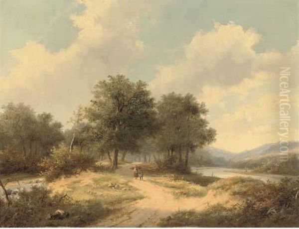 Woodgatherers On A Sandy Track Oil Painting by Hendrik Pieter Koekkoek