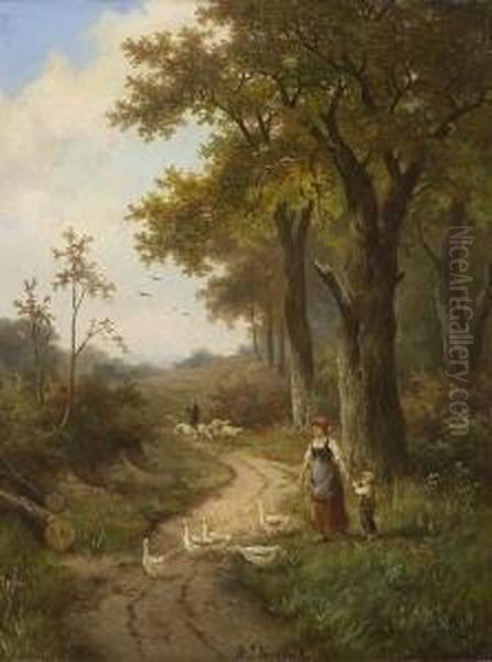 Hirten Mit Gansen Und Schafen Auf
 Dem Waldweg. Oil Painting by Hendrik Pieter Koekkoek