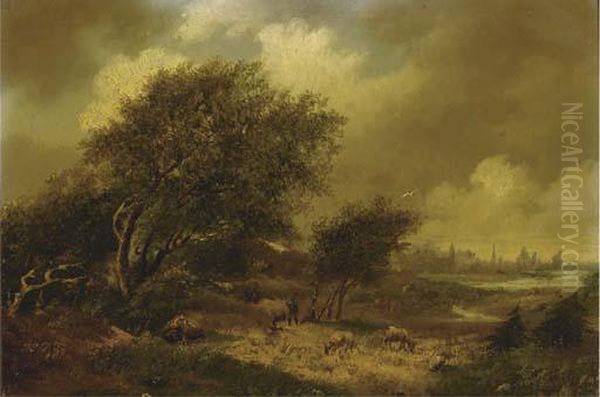 A Wooded Landscape With A City Beyond Oil Painting by Hendrik Pieter Koekkoek