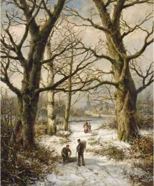 Figures On A Wintry Country Lane, A Village In The Distance Oil Painting by Hendrik Pieter Koekkoek