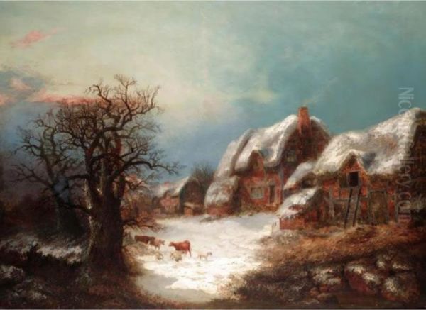 Winter Landscape With Cattle And Sheep Oil Painting by Hendrik Pieter Koekkoek