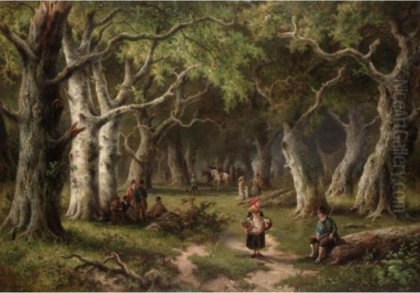 Along The Woodland Path Oil Painting by Hendrik Pieter Koekkoek