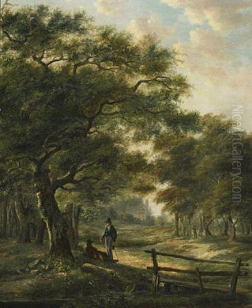 Elegant Travellers Resting In A Wooded Landscape Oil Painting by Hendrik Pieter Koekkoek