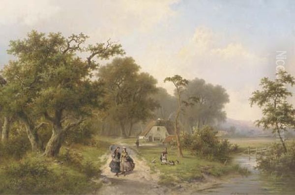 Elegant Ladies Strolling In The Country Oil Painting by Hendrik Pieter Koekkoek