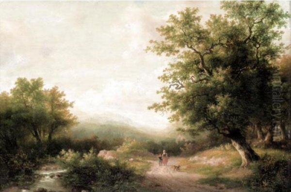 Figures On A Woodland Path Oil Painting by Hendrik Pieter Koekkoek