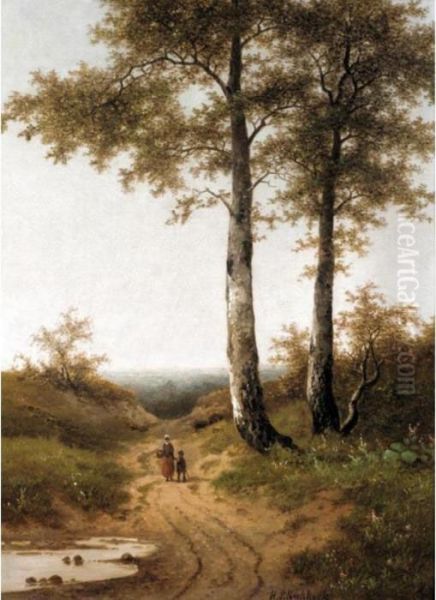 Figures On A Country Path Oil Painting by Hendrik Pieter Koekkoek