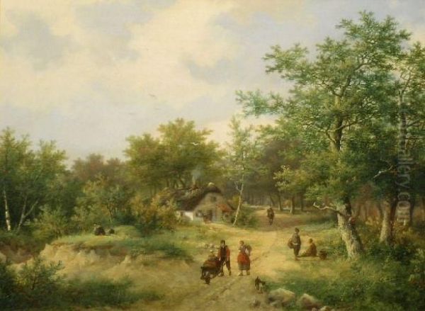 Figures Along A Country Road Oil Painting by Hendrik Pieter Koekkoek