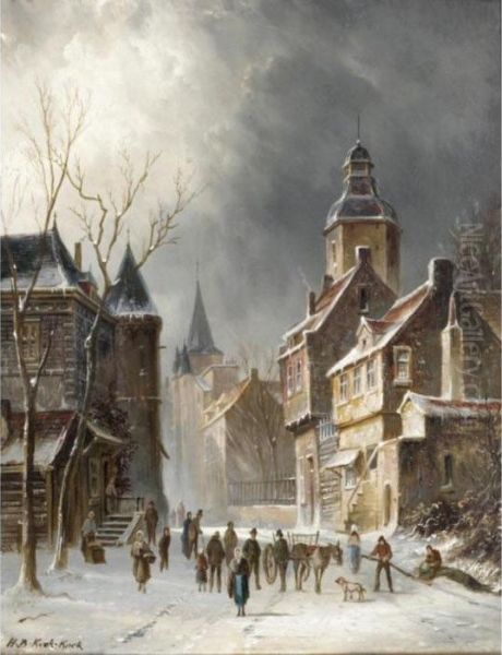 A Street Scene In Winter Oil Painting by Hendrik Pieter Koekkoek