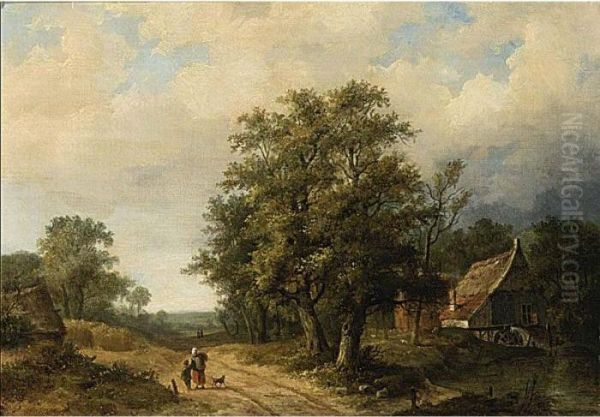 Figures On A Path In A Landscape Oil Painting by Hendrik Pieter Koekkoek