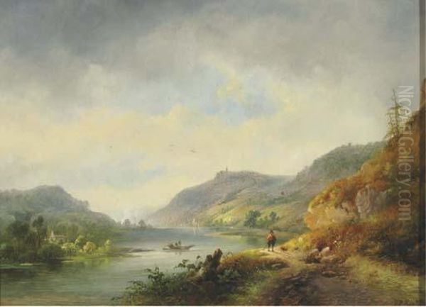 A River Winding Through Hills, A Town In The Distance Oil Painting by Hendrik Pieter Koekkoek