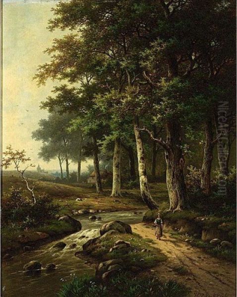 A Wooded Landscape With A Woman Travelling Near A Stream Oil Painting by Hendrik Pieter Koekkoek