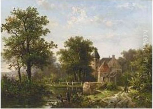 A Castle In A Wooded Landscape Oil Painting by Hendrik Pieter Koekkoek