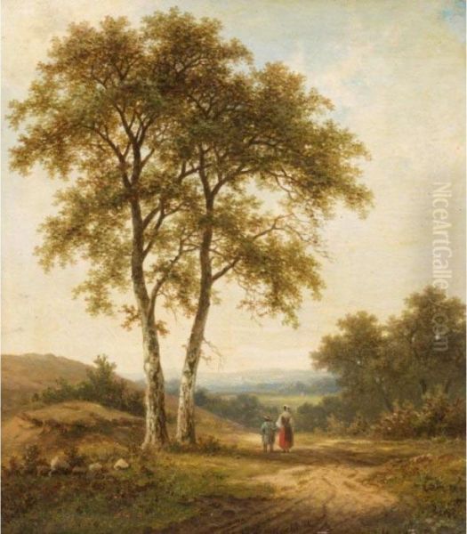 Figures In A Wooded Landscape Oil Painting by Hendrik Pieter Koekkoek