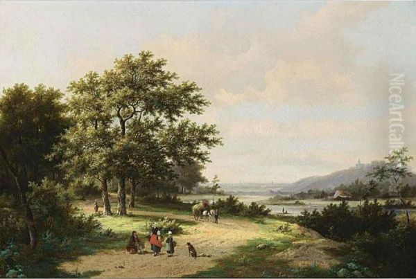 Figures On A Country Road Oil Painting by Hendrik Pieter Koekkoek