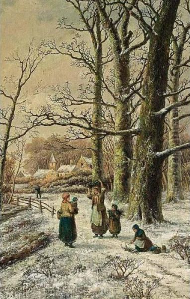 Woodgatherers In A Winter Forest Oil Painting by Hendrik Pieter Koekkoek