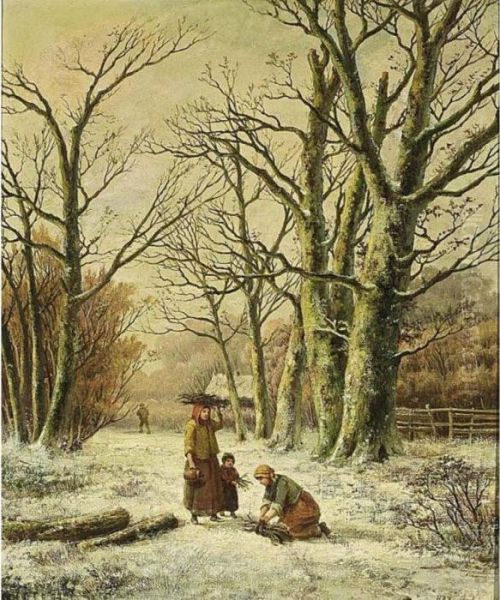 Women Gathering Wood In A Winter Landscape Oil Painting by Hendrik Pieter Koekkoek