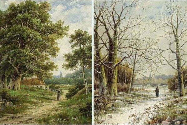 A Peasant Woman On A Forest Path, In Summer; In Winter (a Pair) Oil Painting by Hendrik Pieter Koekkoek