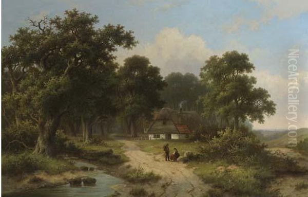 Peasants Resting By A Stream At The Edge Of A Forest Oil Painting by Hendrik Pieter Koekkoek