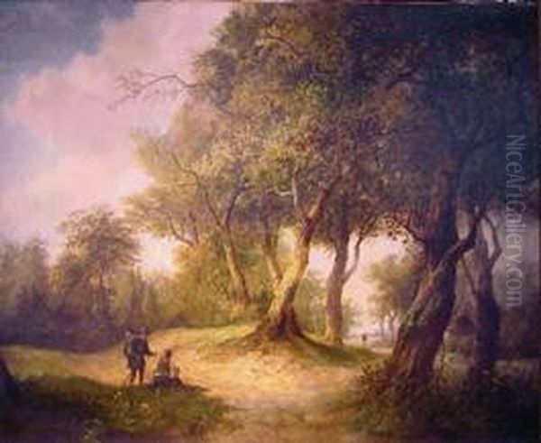 A Wooded Landscape With Figures Along A Path Oil Painting by Hendrik Pieter Koekkoek