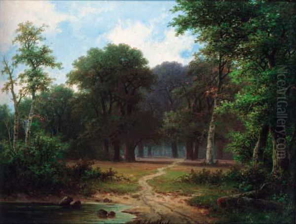 A Path Through A Woodland Oil Painting by Hendrik Pieter Koekkoek