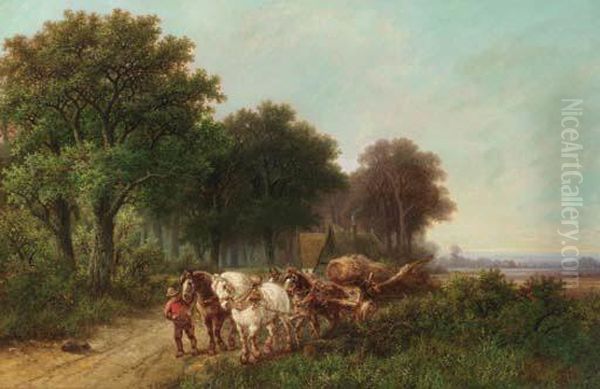 A Woodlogger Leading A Four-in-hand Oil Painting by Hendrik Pieter Koekkoek