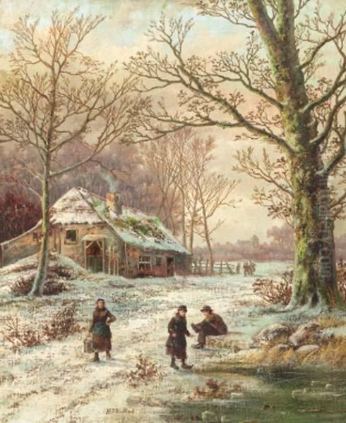 A Winter Landscape With Youngsters Putting On Their Skates Oil Painting by Hendrik Pieter Koekkoek