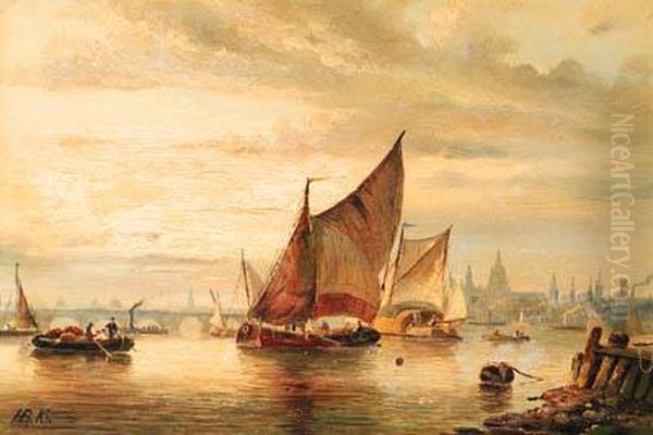 A View Of London With Various 
Shipping On The Thames At Dusk; Acalm With Moored Sailing Barges Along A
 Jetty Oil Painting by Hendrik Pieter Koekkoek