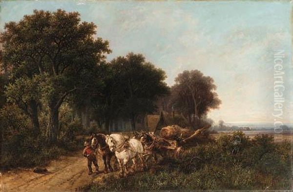 Pulling The Wagon Oil Painting by Hendrik Pieter Koekkoek