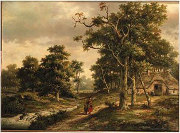 A Peasant Woman And A Boy Walking Along A Stream In A Woodedlandscape Oil Painting by Hendrik Pieter Koekkoek