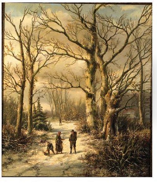 Woodgatherers In A Winter Forest Oil Painting by Hendrik Pieter Koekkoek