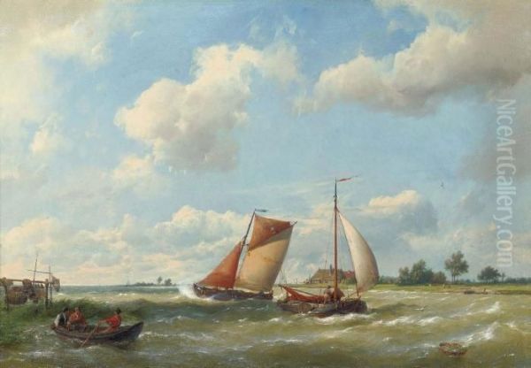 Dutch Barges In Choppy Waters Oil Painting by Hermanus Koekkoek