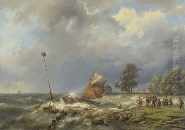 Fighting The Wind Oil Painting by Hermanus Koekkoek