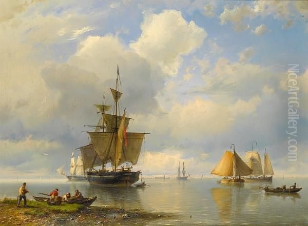 A Dutch Barge Leaving Harbour On The Tide,with A Merchantman Anchored Offshore Oil Painting by Hermanus Koekkoek