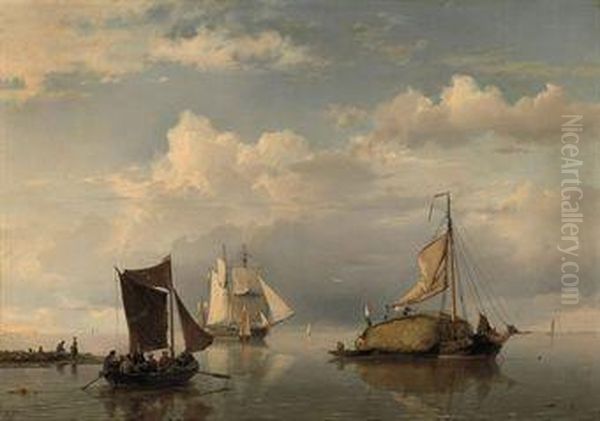 A Haybarge On A Calm Oil Painting by Hermanus Koekkoek