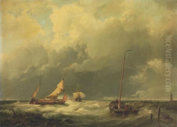 Coastal Scene With Fishing Vessels Oil Painting by Hermanus Koekkoek