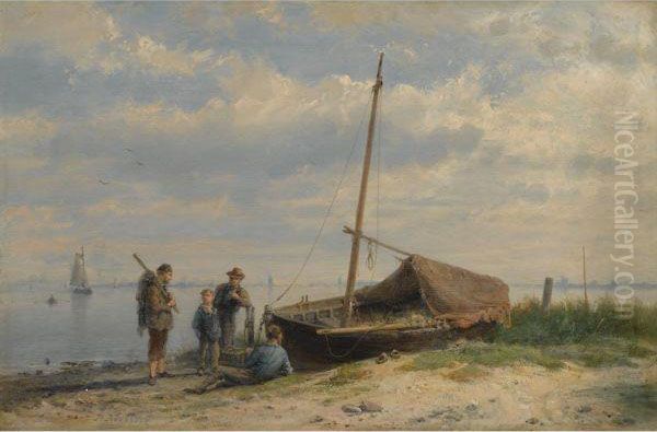 Fisherfolk By An Estuary Oil Painting by Hermanus Koekkoek