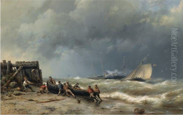 Pulling The Boat Ashore Oil Painting by Hermanus Koekkoek