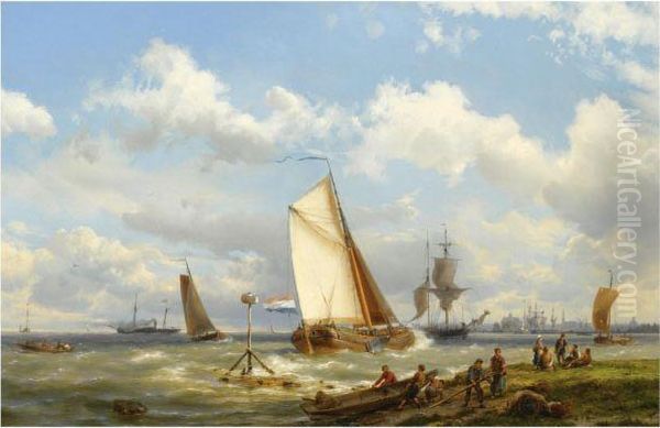 A Busy Harbour, Middelburg Oil Painting by Hermanus Koekkoek