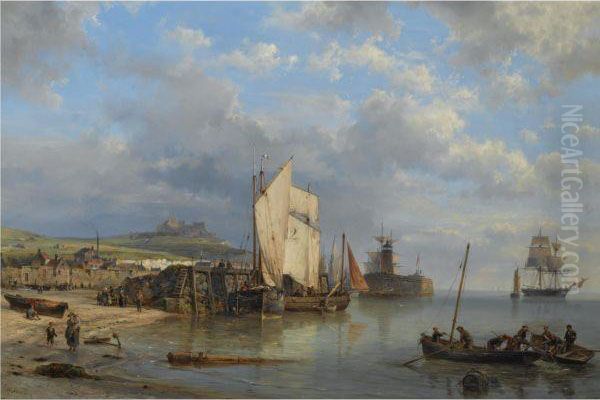 A Harbour Scene At Low Tide Oil Painting by Hermanus Koekkoek