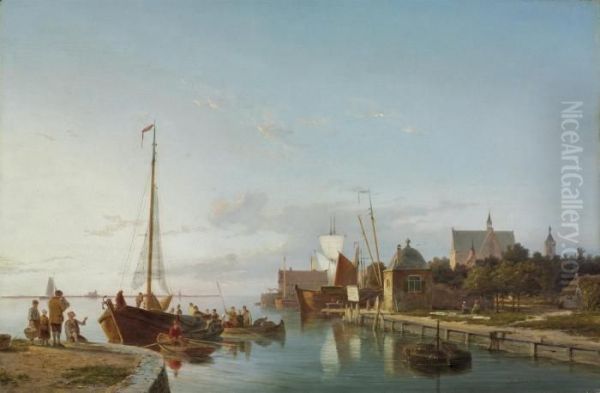 Unloading The Catch In A Dutch Harbour Town Oil Painting by Hermanus Koekkoek