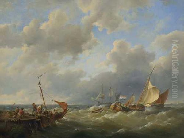 Segelschiffe Vor Sturmischer Meereskuste. Oil Painting by Hermanus Koekkoek